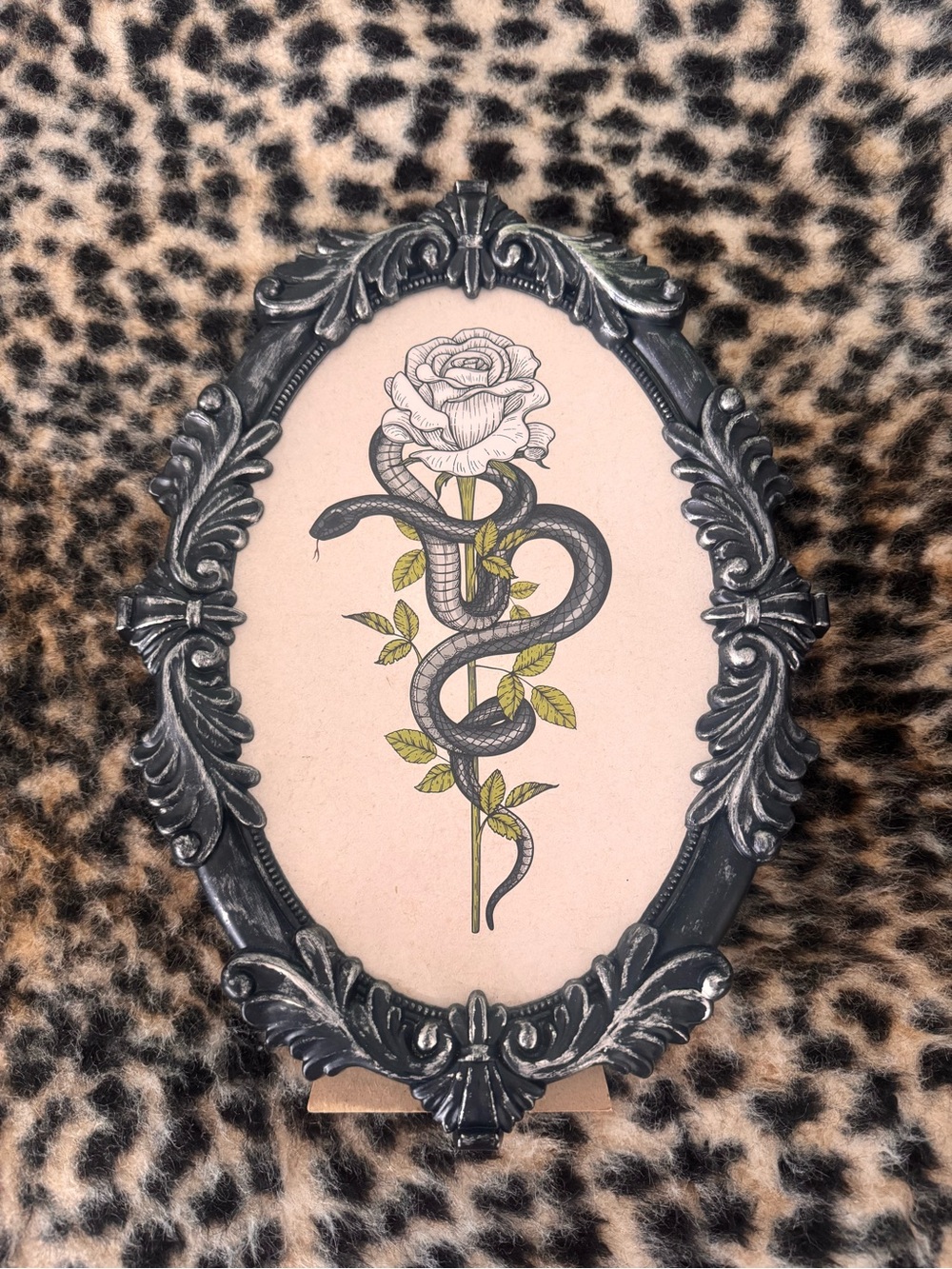 Ornate Black Frame Wall Art - Snake and Rose Print in Black and Green